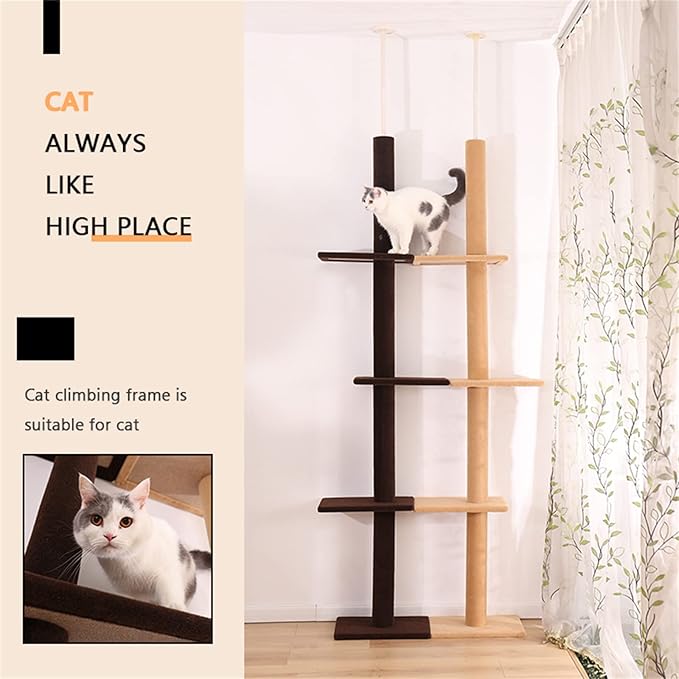 Cat Tree for Indoor Cats,3-Tier Floor to Ceiling Cat Climbing Tree 9 Feet,Tall Climbing Activity Center with Scratching Post,Cozy Bed,for Indoor Cats Upgraded (Khaki)