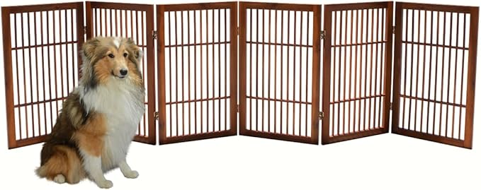 Urnporium Pet Dog Gate Freestanding, Strong Durable Folding Wooden Fence, Portable Acacia Hardwood Safety Barrier for Indoor & Outdoor Use (Brown Pet Gate, 6 Panel 30" Tall)