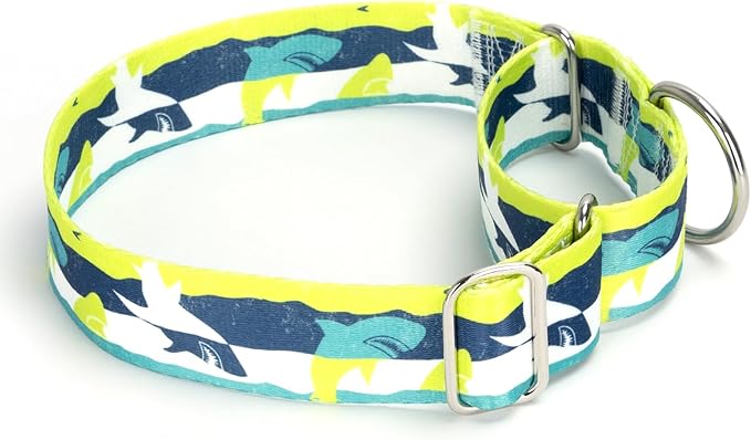 Wide Martingale Collar for Medium Dogs - 1.5 Inch Shark Pattern No Pull Escape Proof Dog Collar, Adjustable Comfort Training Collar(Shark Medium)
