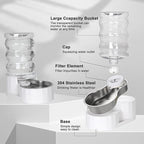 RIZZARI Automatic Gravity Pet Dispenser: 6.5L Large Capacity -No Power Needed -Stainless Steel with Triple Filter & Brush for Medium Dogs -Multiple Pets - Busy Pet Owners - Living Room -Kennel
