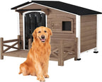 GUTINNEEN Dog House Outdoor with Anti-Chewing Iron Frame, Weatherproof Dog Shelter with Large Porch and Sliding Window, Dog Crate for Small, Medium and Large Dogs Outside (Light Brown)
