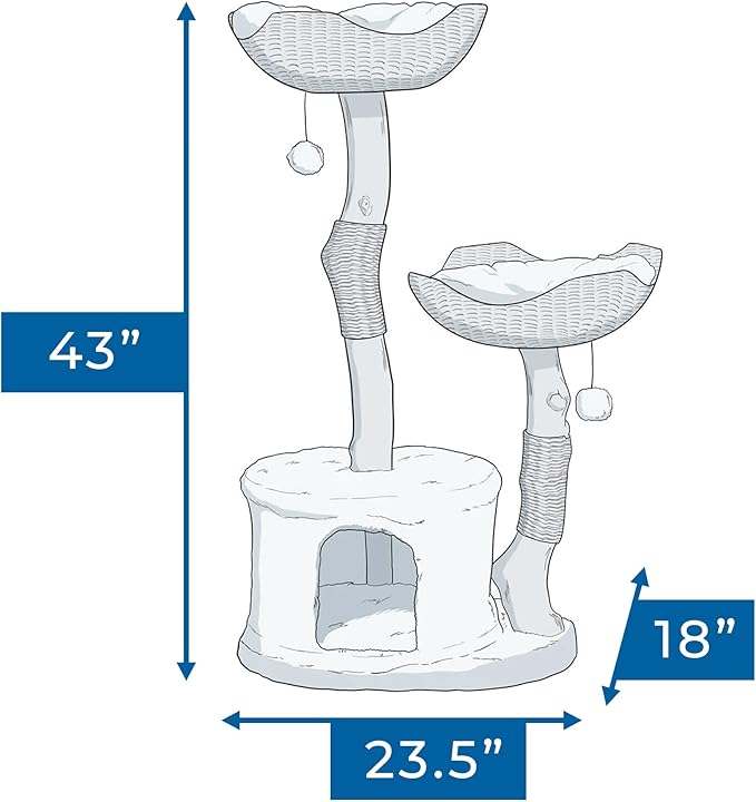 Habitat Haven The Bungalow Cat Tree - Luxury Cat Condo, Large Modern Indoor Tower with 2 Faux Fur Beds, Scratching Posts, Toys, and Den for Cats, 23.5-Inch Width x 18-Inch Depth x 43-Inch Height