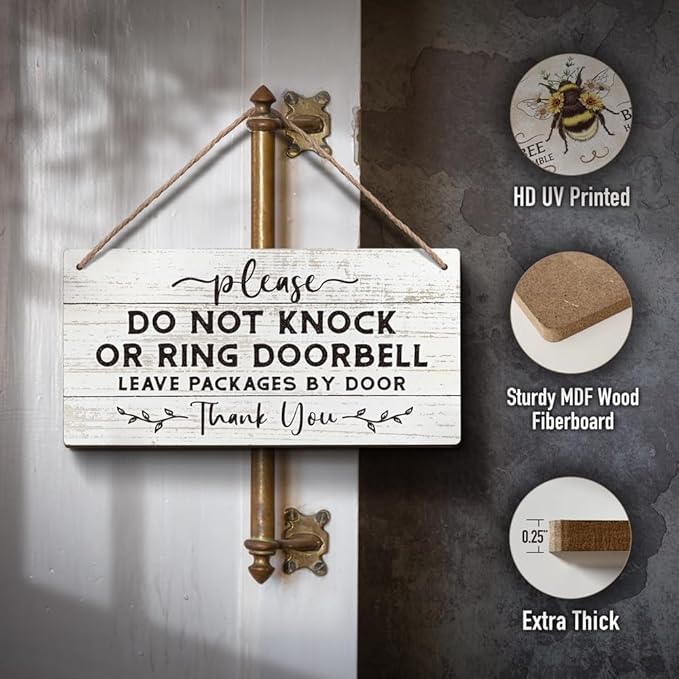 YZEXEZY Do Not Knock or Ring Doorbell Sign 6"x12"Do Not Disturb Wooden Hanging Sign for Front Door Hanger-Leave Packages at Door -No Soliciting