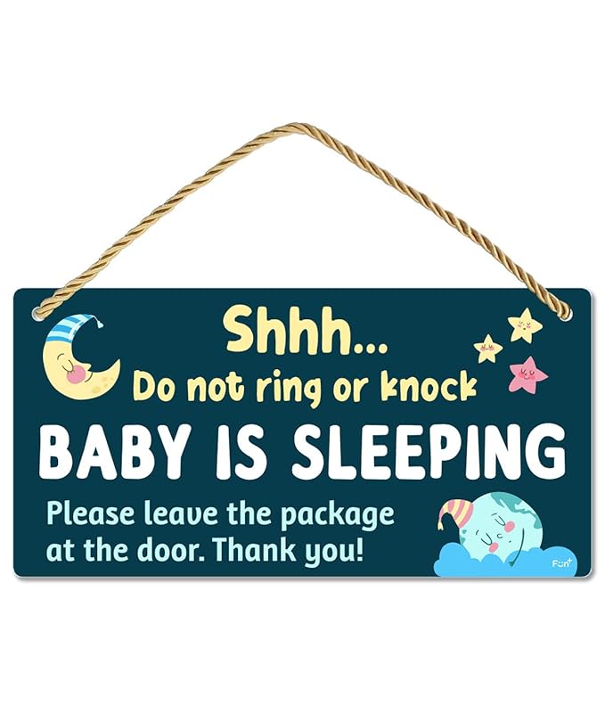 Funplus Baby Sleeping Sign for Front Door - Do Not Knock or Ring - 10″x5″ PVC Plastic Hanging Sign，Please do not knock or ring the bell, it upsets the dog, which upsets the baby, which upsets mom