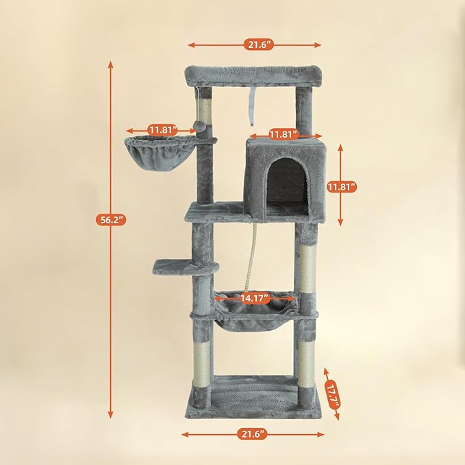56.2 Inch Cat Tree Condo, Multi-Level Tower with Sisal Scratching Post, Cat House, Plush Toy & Indoor Play Gym (Grey)