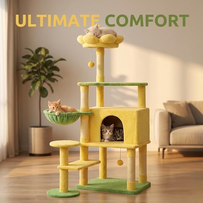 Flower Cat Tree with Large Condo, Removable Flower Cushion and Hammock, Multi-Level Cat Tower with Hanging Basket, Cat Cave, Scratching Posts,Cat Furniture for Indoor Cats, Perfect for Multiple Cats
