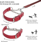 Martingale Collar for Dogs No-Pull Adjustable Training Collar with Stainless Steel Chain - Genuine Leather Anti-Slip Design for Small,Medium,Large Breed Dogs - Red (M)