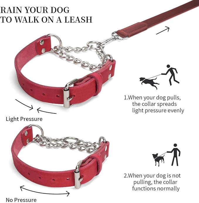 Martingale Collar for Dogs No-Pull Adjustable Training Collar with Stainless Steel Chain - Genuine Leather Anti-Slip Design for Small,Medium,Large Breed Dogs - Red (M)