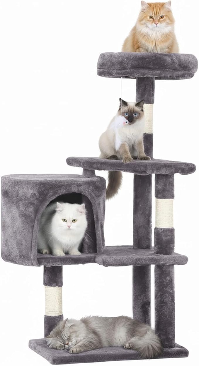 ‌Dopinmin 36" Winter Cat Tree - Plush Multi-Level Indoor Cat Tower with Sisal Scratching Posts & Ramp Plush Condo for Kittens,Light Gray