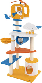PETSITE 70 inch Tall Aviation-Themed Cat Tree Tower, Multi-Level Cute Cat Tower with Sisal Scratching Posts, Helicopter Top Perch, Basket Bed, Tunnel, Climbing Ladder, and Star-Shaped Hanging Toys