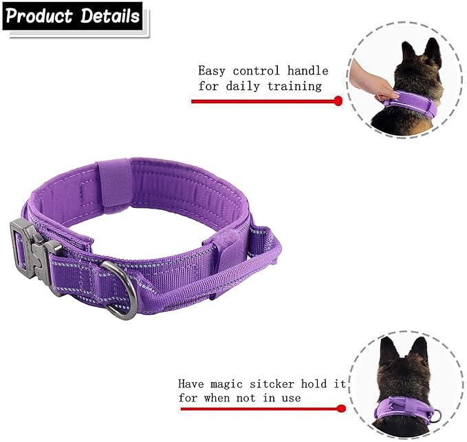 Tactical Dog Collar with Heavy Duty Metal Buckle and Control Handle for Medium Large Dogs Training(Purple, Medium)