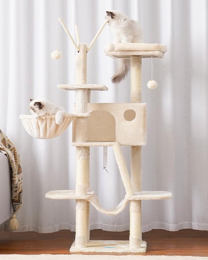 Hey-brother Cat Tree, 53 inch Cat Tower for Indoor Cats, Cat House with Padded Platform Bed, Toy Balls, Large Cozy Condo, Hammocks and Sisal Scratching Posts, Beige MPJ019-SM