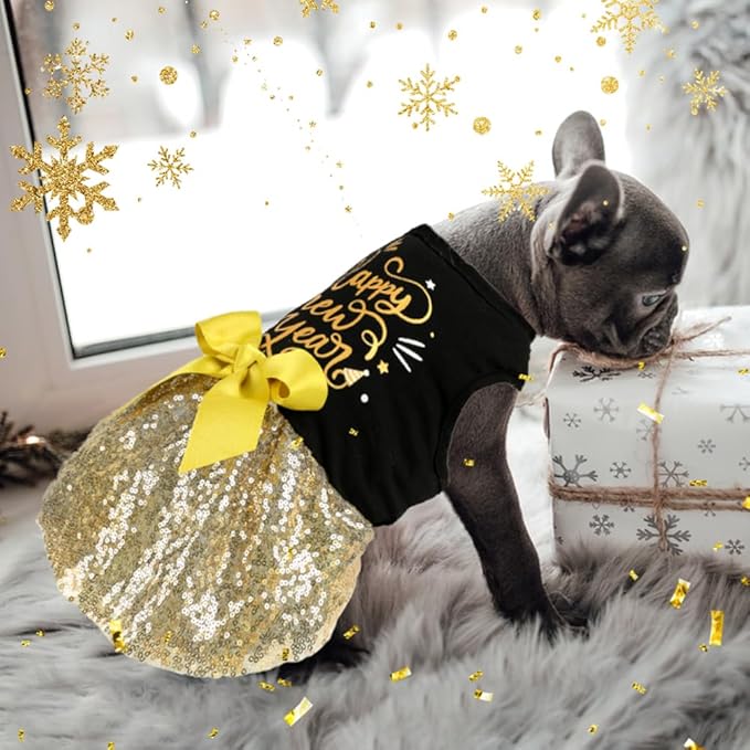 Dog Happy New Year Outfit Dog Dress New Years Pet Costumes for Dogs Funny Puppy Dress with Bow for Small Medium Dogs Girls Cats