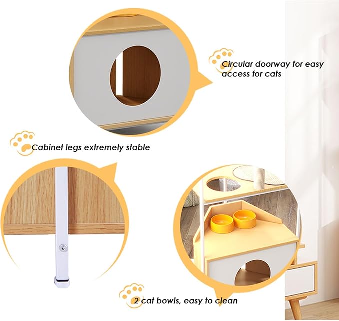 KIROJA Corner Cat Tower 58.4 Inches Tall Cat Tree with Scratching Post, Cat House Pet Furniture with Feeding Station and Climbing Platforms for Indoor Cats, White + Light Oak