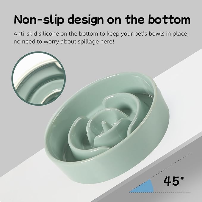 Ceramic 0.9 Cup Raised Dog Slow Feeder Set, Elevated Bowl with Wooden Stand for Small Dog and Cat, 6.1inch Puzzle Slow Dog Food Dish, Anti-Gulping(Light Green, Single Bowl+ Stand)