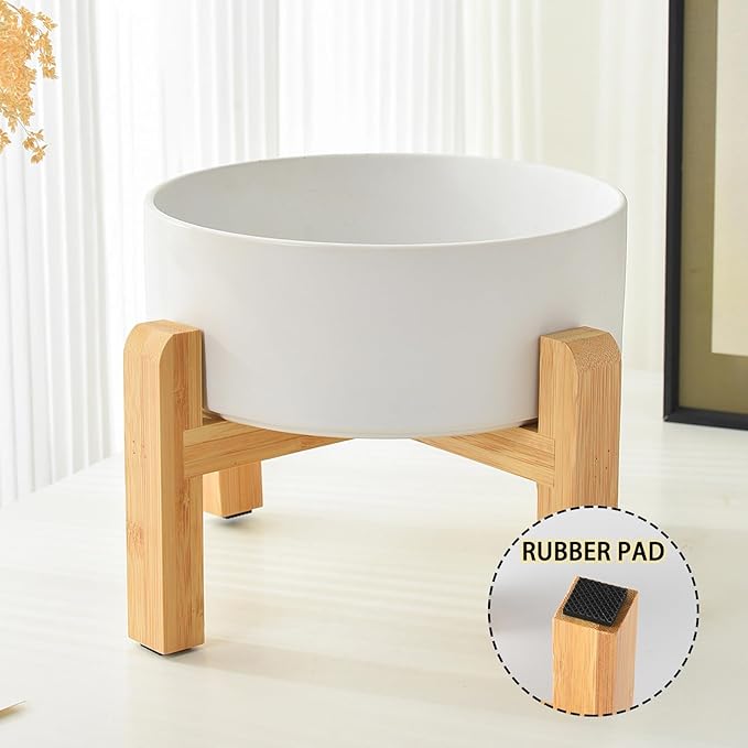 6'' Ceramic Raised Dog Bowl - 30Oz Dog Food & Water Bowl with Elevated Non-Slip Bamboo Stand, Dishwasher & Microwave Safe, Anti Vomiting Heavy Duty Pet Bowl for Small and Medium Dogs, Green