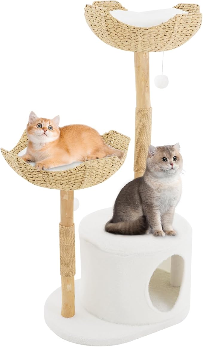Modern Cat Tree, 47" Cat Tree Tower for Large Cats, Indoor Cat Condo with 2 Spacious Basket & Scratching Posts, Adult Cats Furniture with 2 Hanging Balls, for Living Room, Bedroom