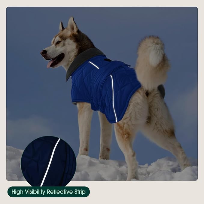 Kuoser Dog Coat, Super-Warm Dog Jacket Windproof Pet Cold Weather Coats for Extra Large Dogs, Fleece Lining Quilted Turtleneck Puppy Snowsuit Reflective Adjustable Doggie Winter Clothes, Blue, 3XL