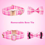 Tunkoo Dog Collar Super Cute Pink Plaid with Bow Tie - Durable Adjustable and Stylish Cotton Pet Collar for Girls Small Medium Large, M