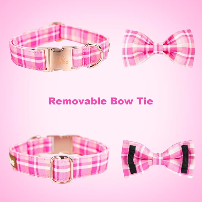 Tunkoo Dog Collar Super Cute Pink Plaid with Bow Tie - Durable Adjustable and Stylish Cotton Pet Collar for Girls Small Medium Large, S