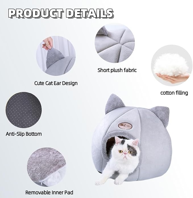 Cat Ear-Shaped Bed for Indoor Cats,Semi-Enclosed Kitten Bed with A Removable Mat & Non-Slip Bottom for Cat and Small Dog,Cats Hideaway (Gray, S:13×13×13in(33×33×33cm))