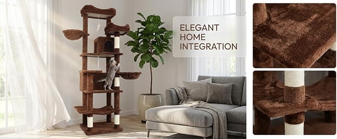 68in Tall Multi-Level Brown Cat Tree with Hammocks Hanging Basket Cat Cave Removable Cushion Scratching Posts Plush Cat Tower for Indoor Cats Perfect for Multiple Cats