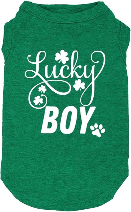 Dog Apparel Lucky Boy Letter Print Clover Shirts for Small Large Dog Vest Puppy Gift St Patrick's Day Costume (X-Small, Green01)