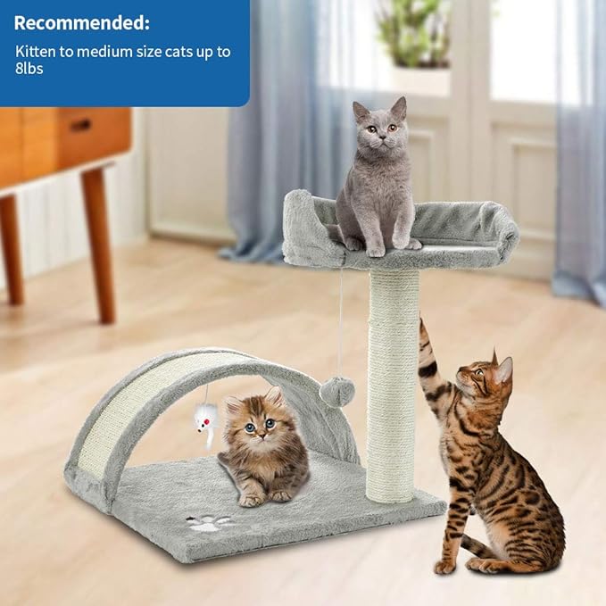 FluffyDream Cat Tree Condo with Scratching Post, Cat Tower Pet Play House with Toy, Grey, 17 Inch (43cm)