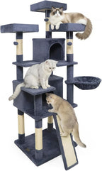 Tangkula 65 Inch Tall Cat Tree, Multi-Level Cat Tower with Sisal Scratching Posts & Board, 2 Condos, 3 Plush Top Perches, Adjustable Basket, 3 Hanging Balls for Indoor Cats (Dark Gray)