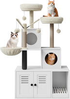 Modern Multi-Level Wooden Cat Tree with Litter Box Enclosure, Cat Tower with Litter Box Enclosure & Condo, Sisal Scratching Posts, Soft Perch and Toys for Indoor Cats, White Box & White Trees