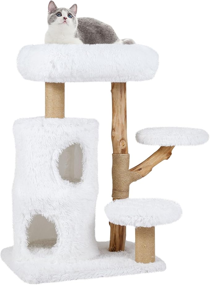PETSITE 30.5 Inches Wooden Cat Tree, Multi-Level Modern Cat Tree with Scratching Posts, 2-Layer Condo, Long Plush Covered Soft Top Perch, and Various Jumping Platforms, Ideal for Indoor Cats