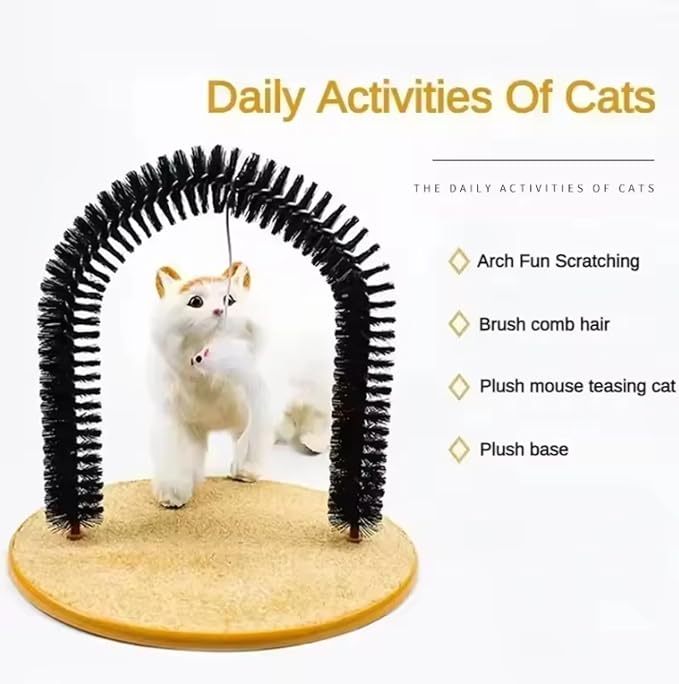 Cat Scratcher, Heavy Duty Cardboard, All Breed Sizes, Scratching and Exercise Cat Self-Groomer Bristle Ring Brush Arch with Carpeted Base Hair Cleaner Pads (Black,One Size)