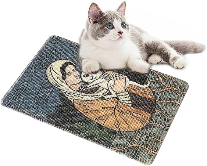NATUAY Cat Scratcher Sisal Mat Furniture Protector for Wall Couch Carpet Door Mounted, Self-Adhesives Artistic Cats Scratcing Pad with Twist Pins (Mom and Cat, 23.6"x15.8")