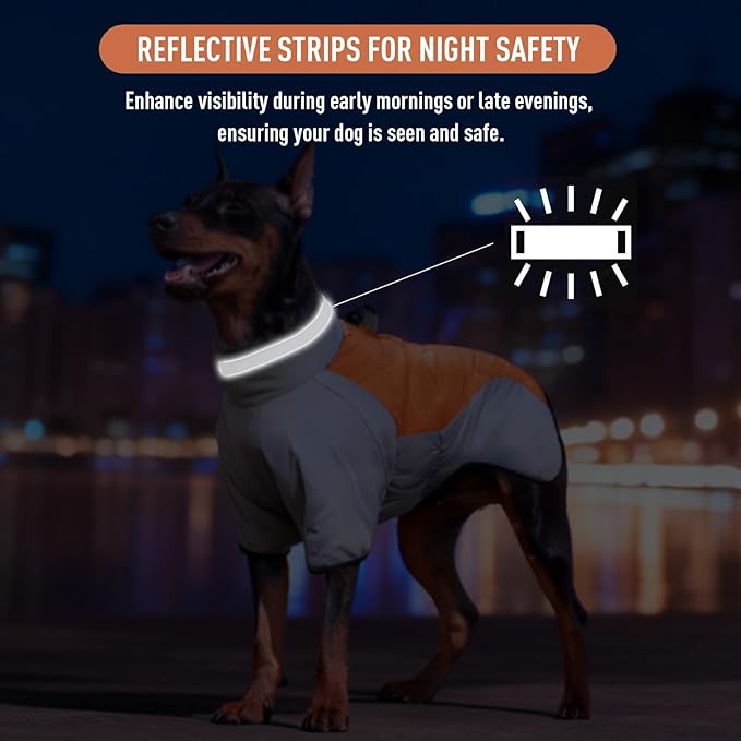 Waterproof Dog Coat for Large Dogs, Winter Warm Jacket with Adjustable Turtleneck, Reinforced D-Ring, Full Front Zipper & Elastic Leg Bands, Windproof Snowsuit Reflective Strip (Grey Orange, 5XL)