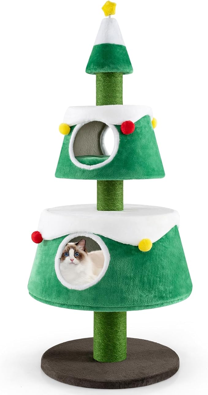 60" Christmas Cat Tower with 2-Level Cat Condos, Premium Scratching Posts,Star Design, Play Center for Kittens, Festive Cat Hideaway Furniture, Green