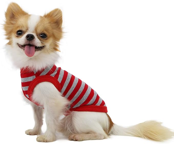 LOPHIPETS 100% Cotton Striped Dog Shirts for Small Dogs Chihuahua Puppy Clothes Tank Vest-Red and Gray Strips/S