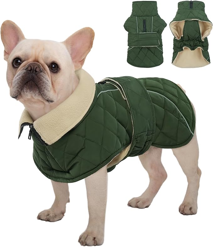 Kuoser Dog Jacket Warm Fleece Lined Dog Coats for Small Dogs, Waterproof Pet Coat Reflective Puppy Snowsuit with Harness Hole for Cold Weather Walking Hiking, Quilted Dogs Winter Vest, Green, S
