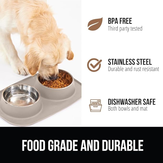 GORILLA GRIP Feeding Mat Bowl Set, 4 Cup 100% Waterproof BPA Free Silicone Base, 304 Stainless Steel Cat and Dog Bowls for Food and Water, Slip Resistant, High Edge, US Designed, Patent Pending, Beige