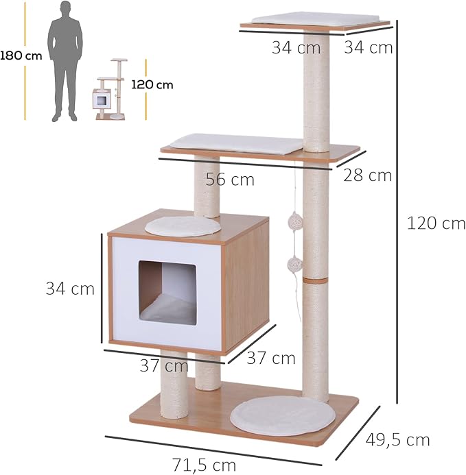 PawHut Wooden Cat Tree 71.5 x 49.5 x 120 cm Cat Tower with Cave Platforms Sisal Scratching Posts Soft Plush Cushions and Natural Hanging Balls