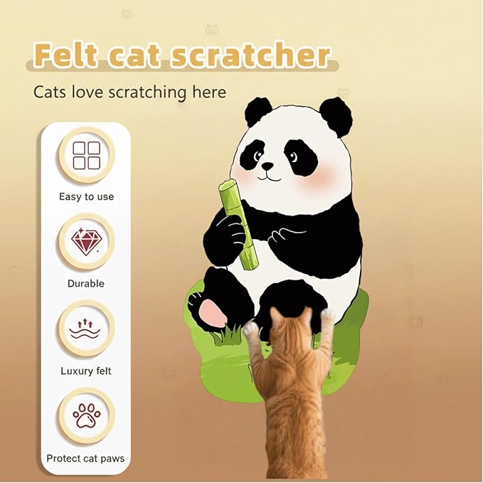Wall-Mounted Cat Scratcher, 2025 Upgraded Indoor Cat Wall Scratcher — Self-Adhesive Double-Sided Tape, Trimable Scratching Surface, Suitable for Walls/Sofas/Floors (IncludesToy) (Panda)
