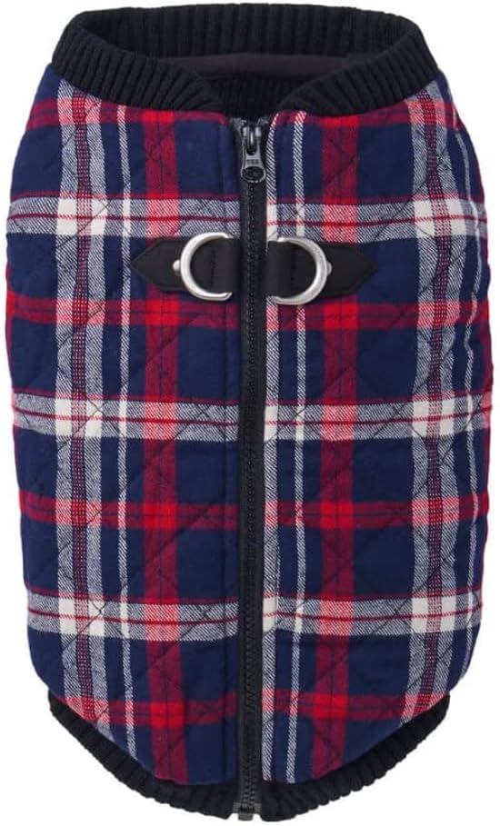 Gooby Fashion Vest Check Dog Jacket - White Check, Large - Warm Zip Up Bomber Vest with Dual D Ring Leash - Winter Water Resistant Small Dog Sweater