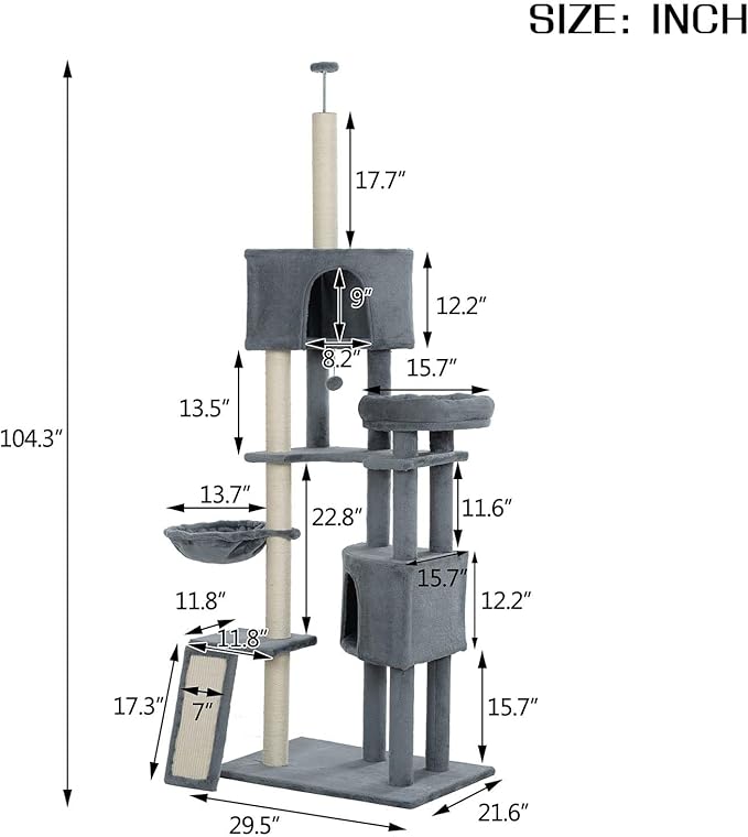 Cat Tree for Indoor Cats 105" Tall Cat Tower Multi-Level Cat Condo with 3 Perches 2 Caves Cozy Basket Scratching Board Pet Supplies Gray