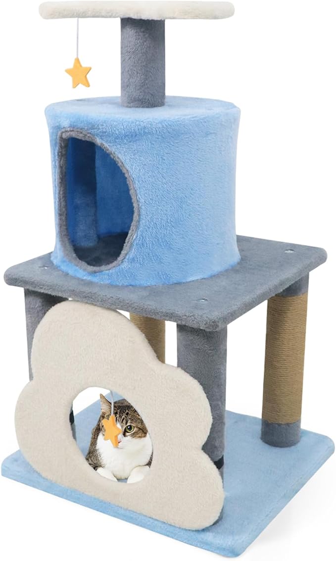 Tangkula Cute Cat Tree, 31.5 Inch Multi-Level Cat Tower with Jute Scratching Posts, Condo, Top Perch, Hanging Toy, Moon & Star & Cloud-Shaped Accents for Indoor Cats (Blue)