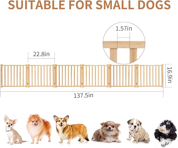 YOCAN Paint-Free Wooden Freestanding Dog Gates for The House,Doorways, Stairs,Wood Dog Fences Indoor Pet Gate,Step Over Fence-6 Panel H:16.9" L:138"