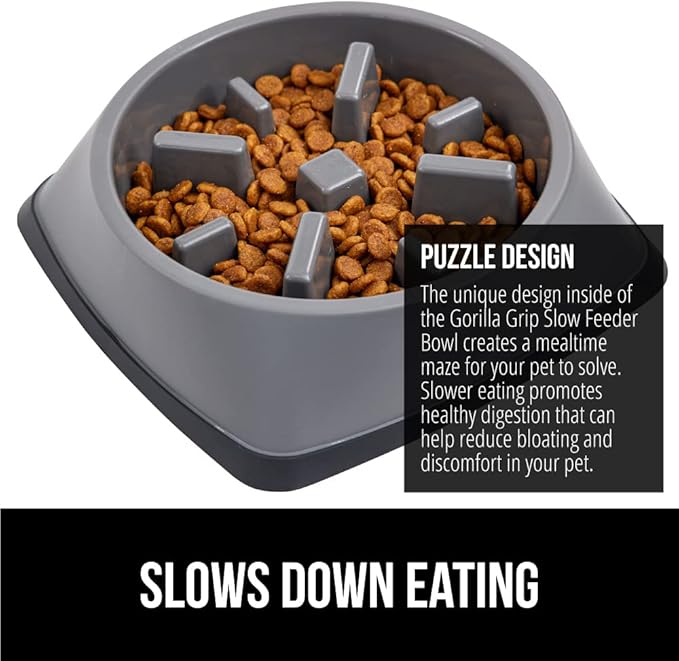 GORILLA GRIP Patented BPA Free Slow Feeder Dog Bowls, Interactive Puzzle Toy for Dogs and Cats Food Training Enrichment, Keeps Pets Busy and Prevents Puppy Overeating, Small Breeds, 1 Cup, Gray