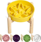 LE TAUCI Ceramic Slow Feeder Puzzle Bowl Elevated 1.5 Cup with Wooden Stand for Small & Medium Dog, Fast Eater Food Bowl, Star Yellow