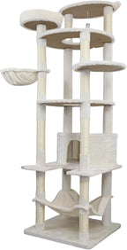84.6 Inch Tall Cat Tree Tower with Large Base - 3 Condos, 11 Sisal Posts, 2 Hammocks & Interactive Toys, Multi-Level Cat Furniture for Multiple Cats, Durable Cat Climber (Beige, 78.8 in)