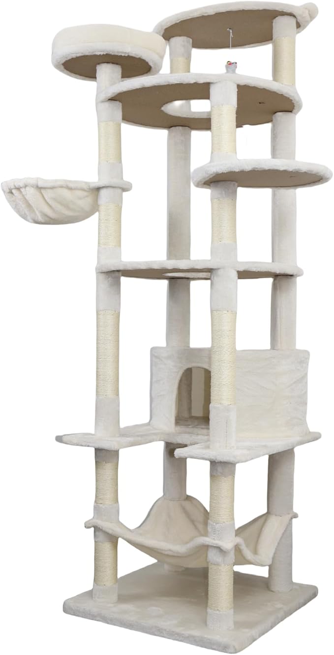 84.6 Inch Tall Cat Tree Tower with Large Base - 3 Condos, 11 Sisal Posts, 2 Hammocks & Interactive Toys, Multi-Level Cat Furniture for Multiple Cats, Durable Cat Climber (Beige, 78.8 in)