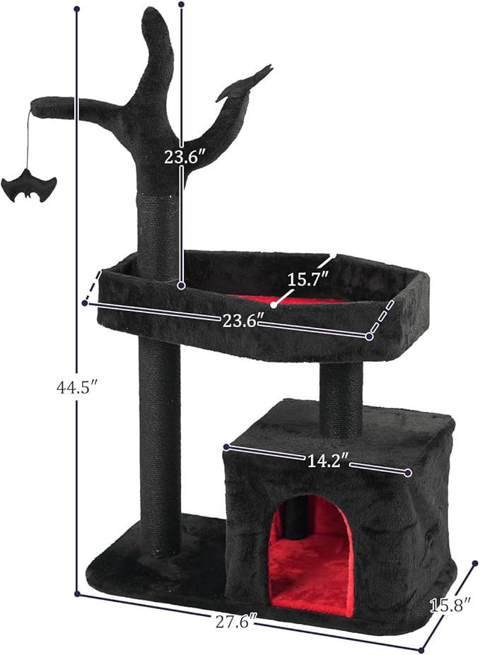 Gothic Cat Tree, Halloween Black Goth Cat Tower with Bat Toy & Playful Hole, Indoor Spooky Cat Trees Stand Climber Pole with Hanging Spiders Bats for Kitten, Black Red, Small