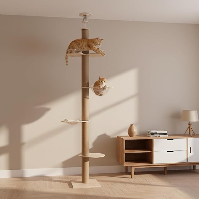 Floor to Ceiling Cat Tree, Adjustable Height(100.4-104.3'') Solid Wooden Tall Cat Tower for Indoor Cats with Springboard, Space Capsule, U-Shaped Hammock, Double Watchtower, for Indoor 33 LBS Cats